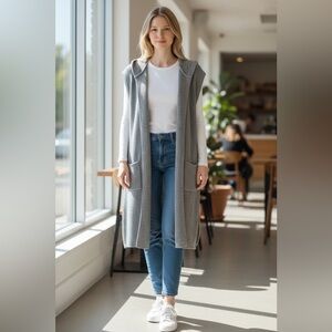 Gray Sleeveless Knit Sweater Vest with Hood